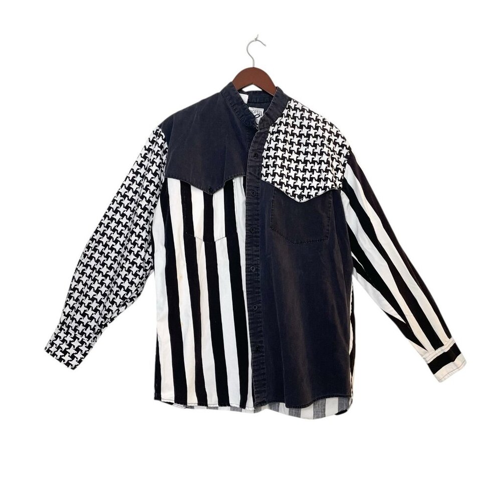 VTG Roper Western Houndstooth Long Sleeve Rodeo Shirt Black White Men’s XL